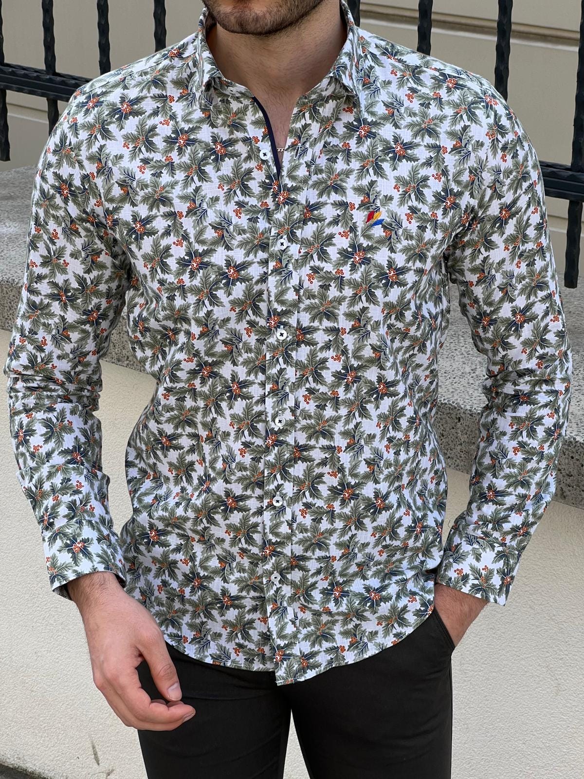 Slim Fit Patterned Cotton Green Shirt - OUTFITLIFT