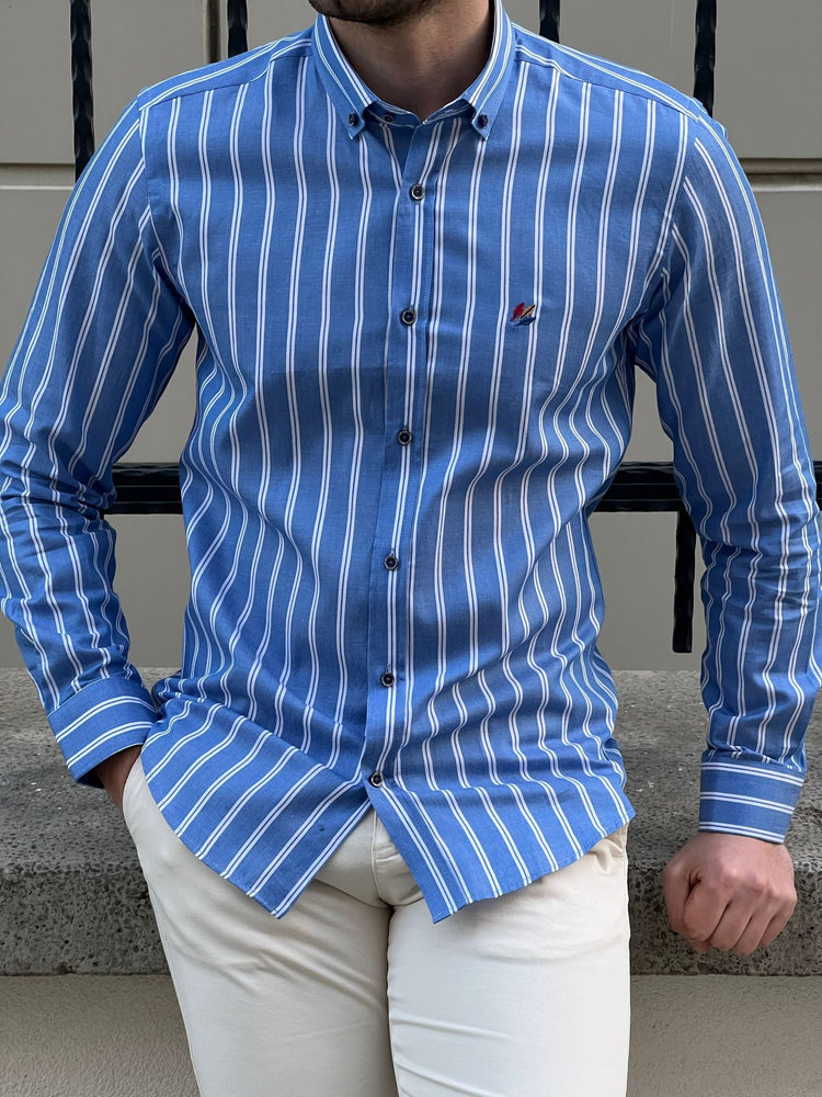 Slim Fit Striped Cotton Blue Shirt - OUTFITLIFT