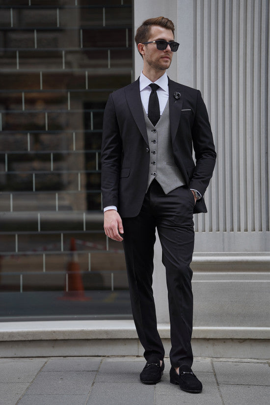 Slim Fit Self-Patterned Black Wool Vest Combination Suit ( The waistcoat is double-sided. )