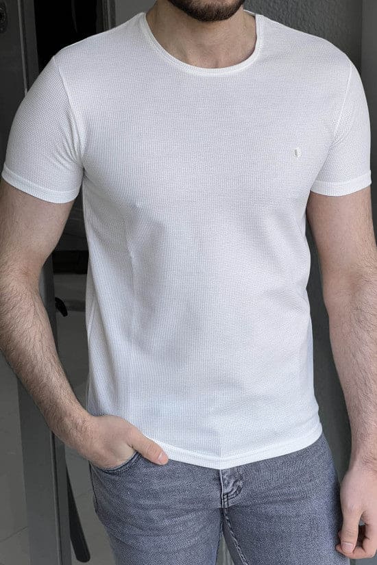 Slim Fit High Quality Self Patterned Crew Neck White Lycra T-Shirt