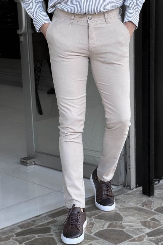 
                  
                    Slim Fit Self Patterned Beige Cotton Trousers
                  
                