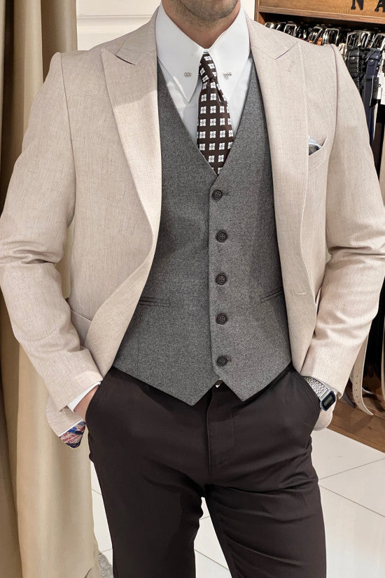 Slim Fit Special Design Pointed Collar Bag Pocket Linen Beige Jacket