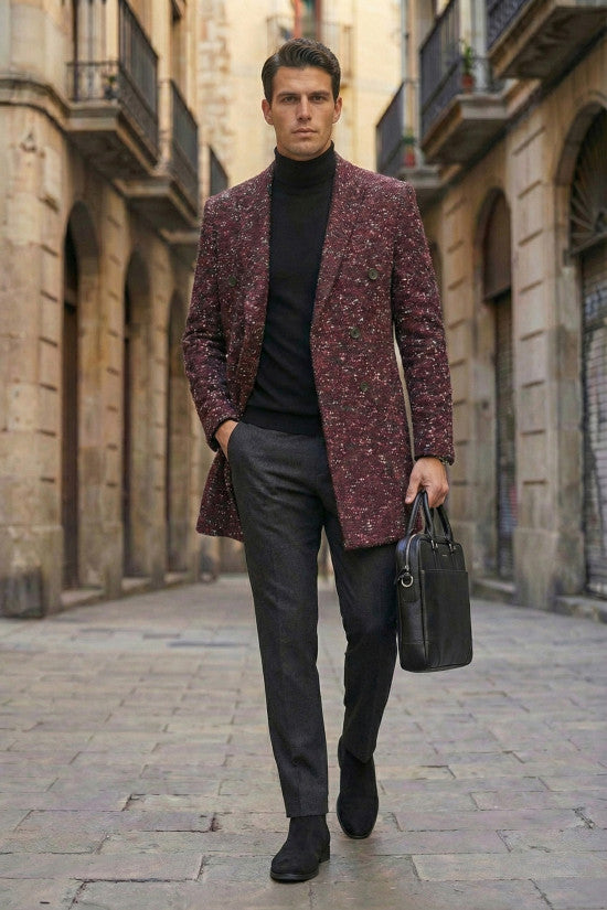 
                  
                    Slim Fit Patterned Single Slit 80% Wool Double Breasted Burgundy Coat
                  
                