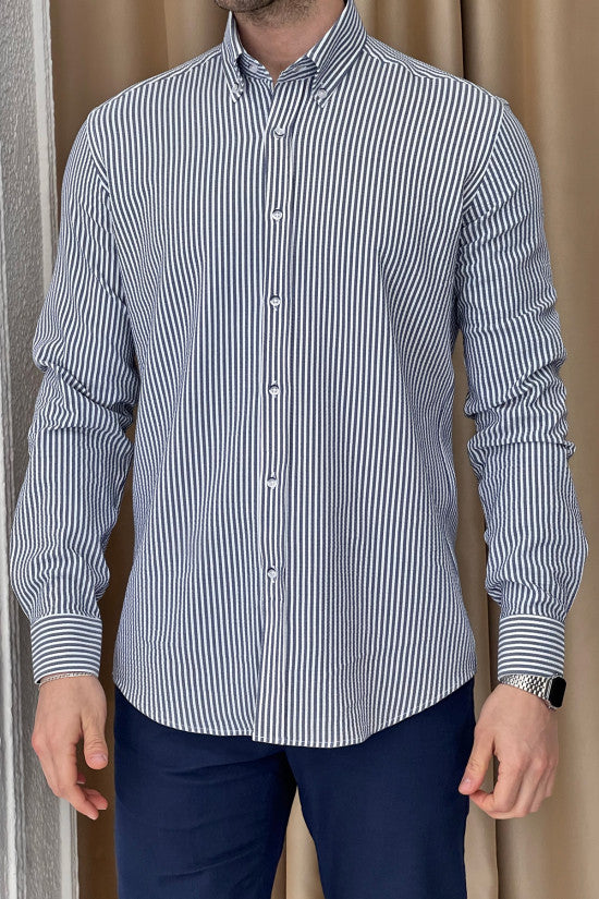Regular Fit Button Collar Seersucker Striped Navyblue Shirt