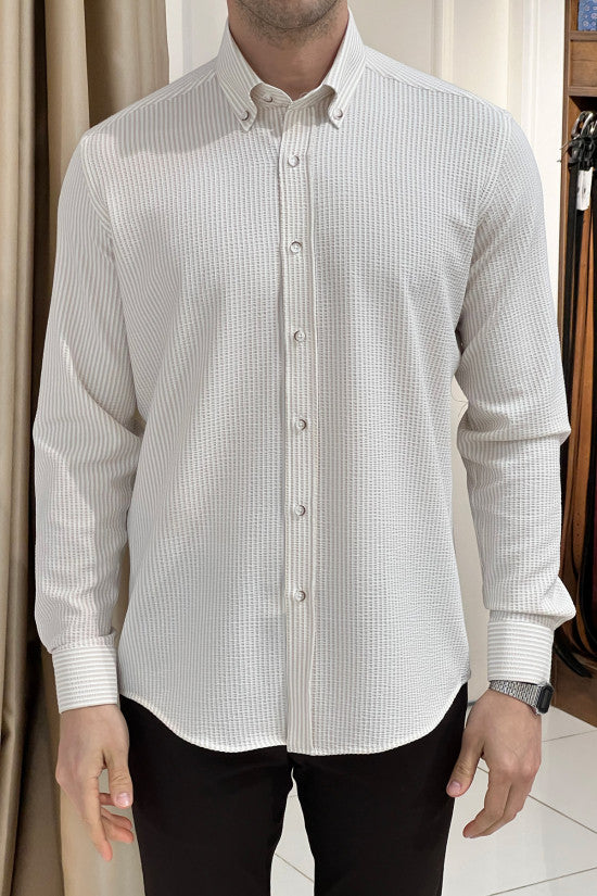 Regular Fit Button Collar Seersucker Striped Beige Shirt