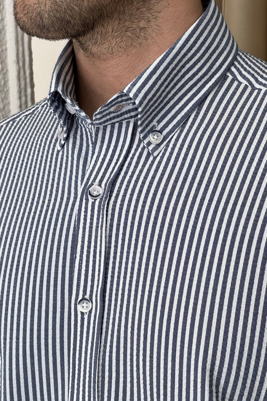 
                  
                    Regular Fit Button Collar Seersucker Striped Navyblue Shirt
                  
                