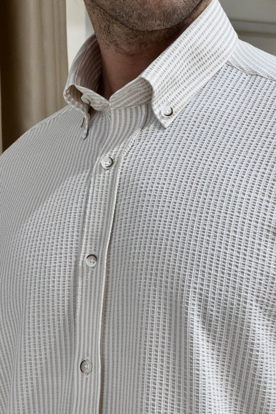 Regular Fit Button Collar Seersucker Striped Beige Shirt