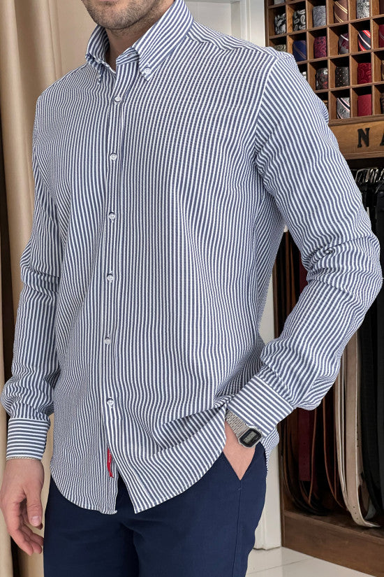 Regular Fit Button Collar Seersucker Striped Navyblue Shirt