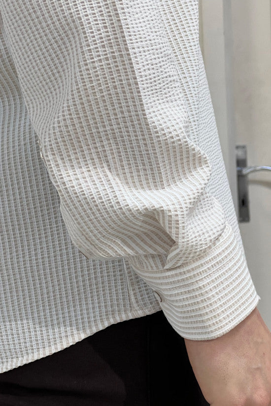 Regular Fit Button Collar Seersucker Striped Beige Shirt