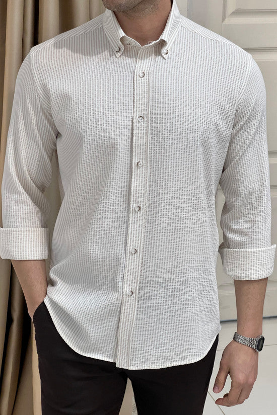 Regular Fit Button Collar Seersucker Striped Beige Shirt