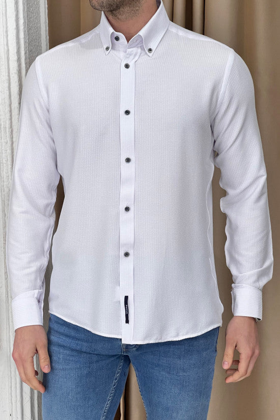 Regular Fit Button Collar Seersucker White Cotton Shirt
