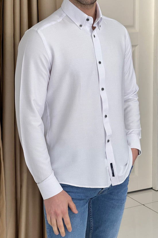 Regular Fit Button Collar Seersucker White Cotton Shirt