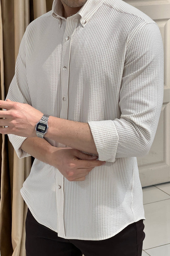 Regular Fit Button Collar Seersucker Striped Beige Shirt