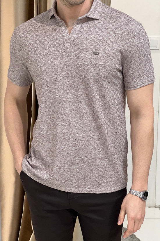 Slim Fit Italian Polo Neck Patterned Brown Short Sleeve T-Shirt