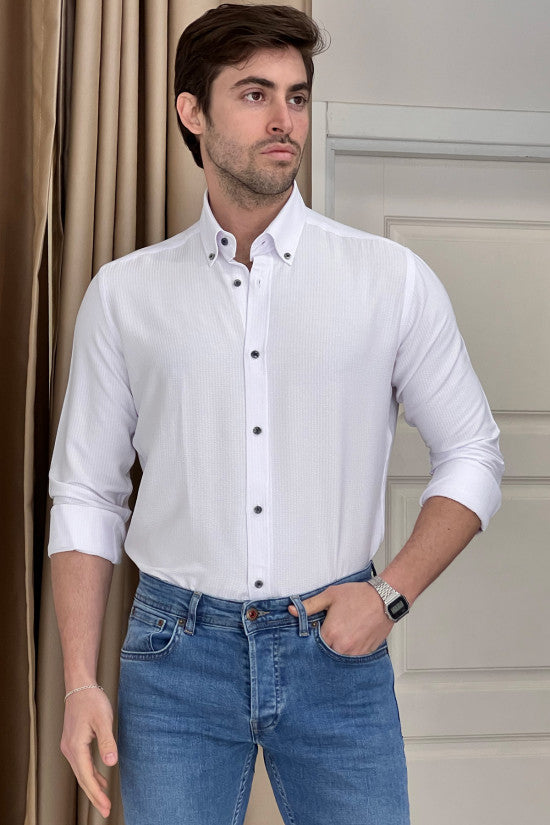 Regular Fit Button Collar Seersucker White Cotton Shirt
