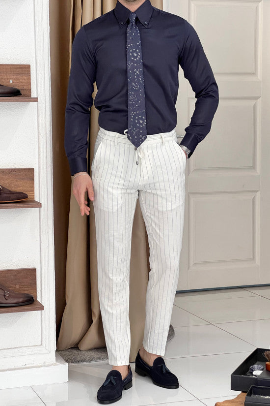 Slim Fit Special Production Classic Button Collar Navy Blue Cotton Shirt