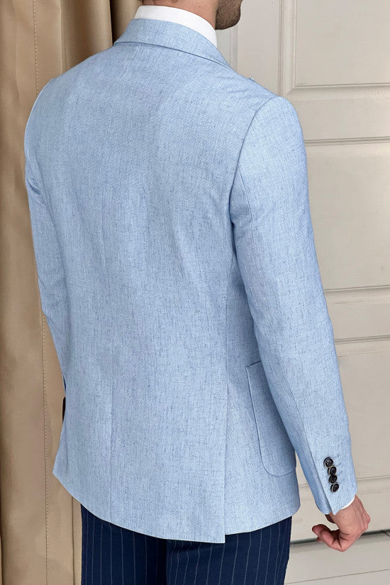 Slim Fit Special Design Pointed Collar Bag Pocket Linen Blue Jacket