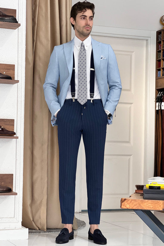 Slim Fit Special Design Pointed Collar Bag Pocket Linen Blue Jacket