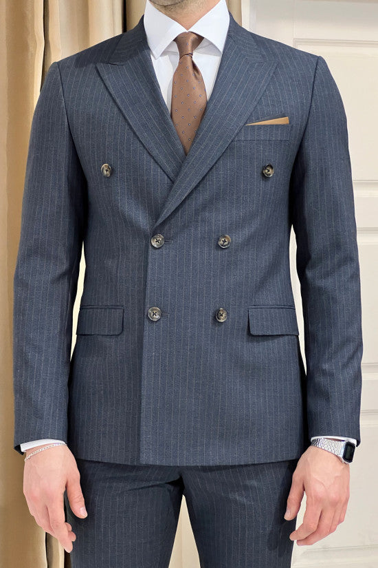 
                  
                    Special Design Slim Fit Pointed Collar Striped Double Breasted Navy Blue Suit
                  
                