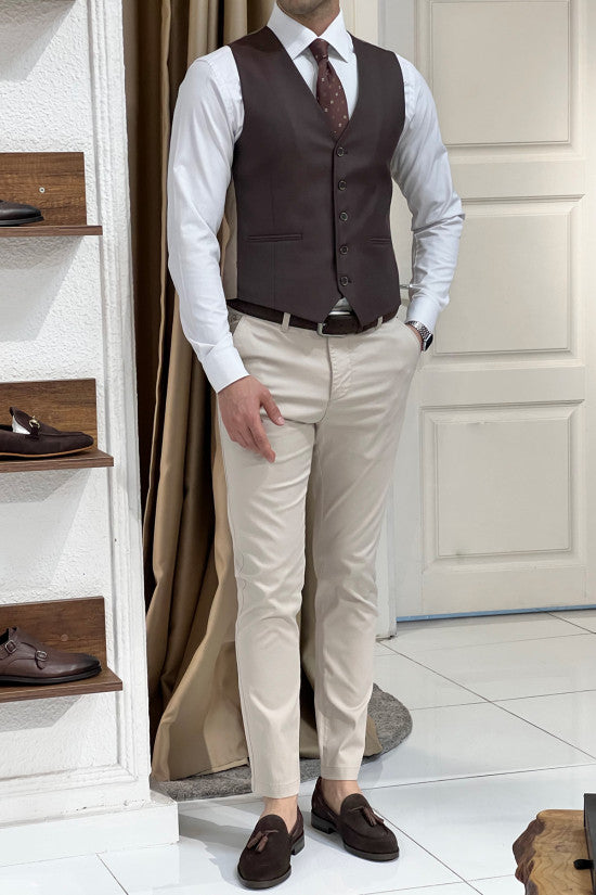 Slim Fit Brown Wool Waistcoat