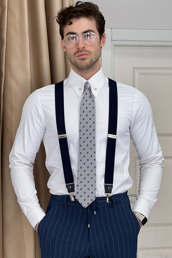 Slim Fit Special Design Pointed Collar Bag Pocket Linen Blue Jacket