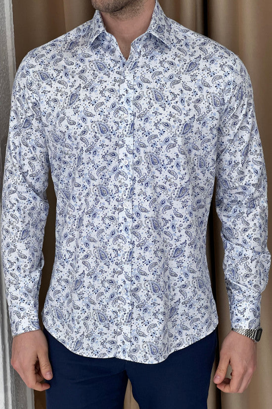 High Quality Digital Printing Regular Fit White&Blue Cotton Shirt