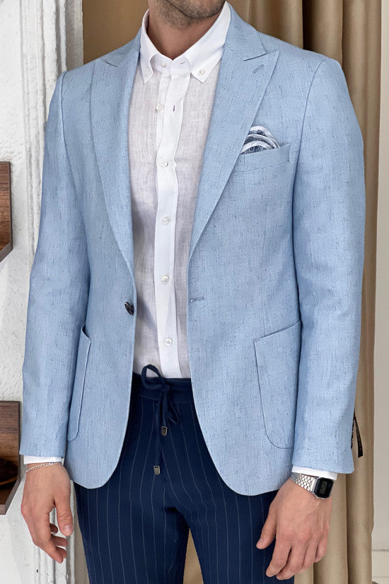 Slim Fit Special Design Pointed Collar Bag Pocket Linen Blue Jacket