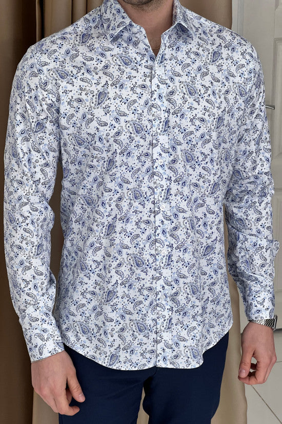 High Quality Digital Printing Regular Fit White&Blue Cotton Shirt