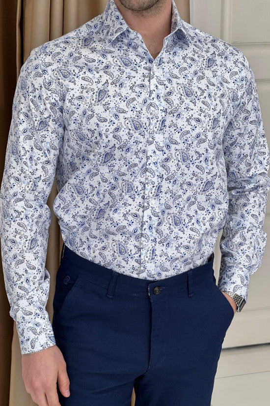 High Quality Digital Printing Regular Fit White&Blue Cotton Shirt