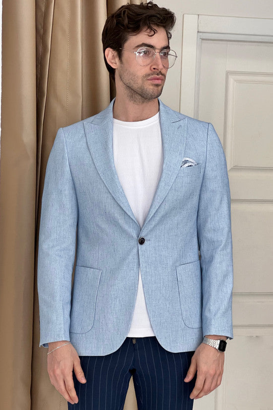 Slim Fit Special Design Pointed Collar Bag Pocket Linen Blue Jacket