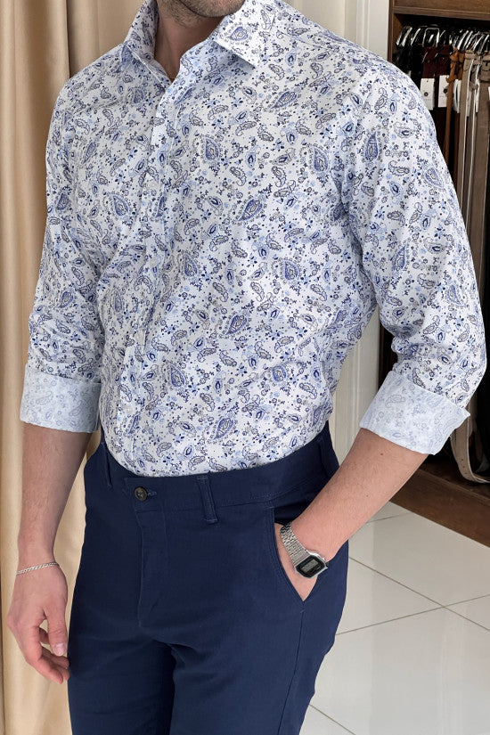 High Quality Digital Printing Regular Fit White&Blue Cotton Shirt