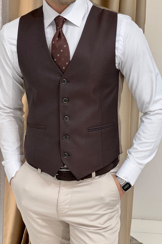 Slim Fit Brown Wool Waistcoat