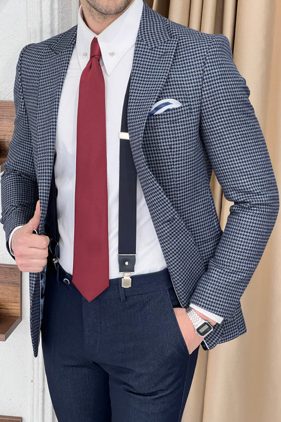 Slim Fit Houndstooth Pointed Collar Bag Pocket Navy Blue Wool Jacket