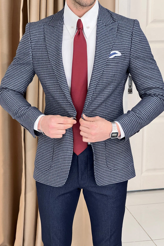 Slim Fit Houndstooth Pointed Collar Bag Pocket Navy Blue Wool Jacket