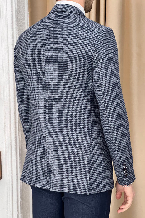 Slim Fit Houndstooth Pointed Collar Bag Pocket Navy Blue Wool Jacket