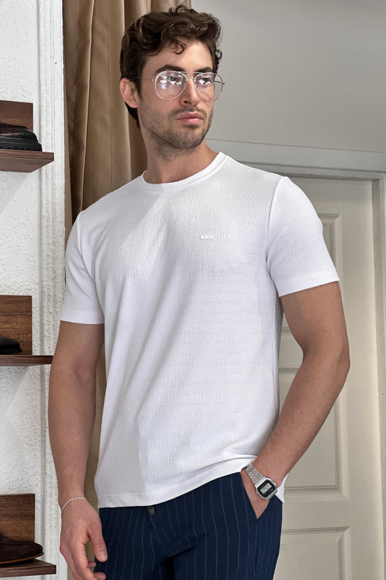 Slim Fit Lycra Crew Neck Short Sleeve White T-Shirt