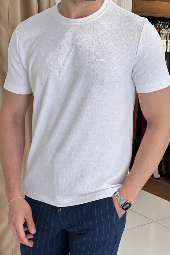 
                  
                    Slim Fit Lycra Crew Neck Short Sleeve White T-Shirt
                  
                