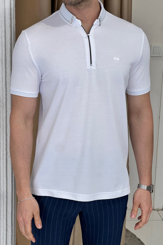 
                  
                    Slim Fit Knitwear Collar Zippered Short Sleeve Cotton White T-Shirt
                  
                