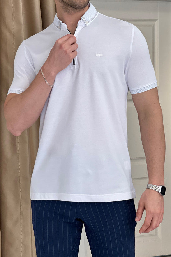 
                  
                    Slim Fit Knitwear Collar Zippered Short Sleeve Cotton White T-Shirt
                  
                