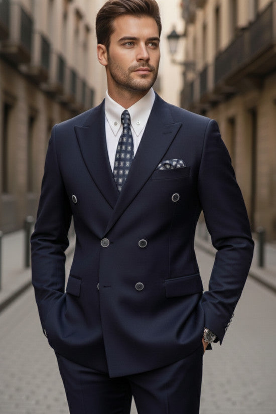 
                  
                    Slim Fit Pointed Collar Double Slit Wool Blend Double Breasted Navy Blue Suit
                  
                