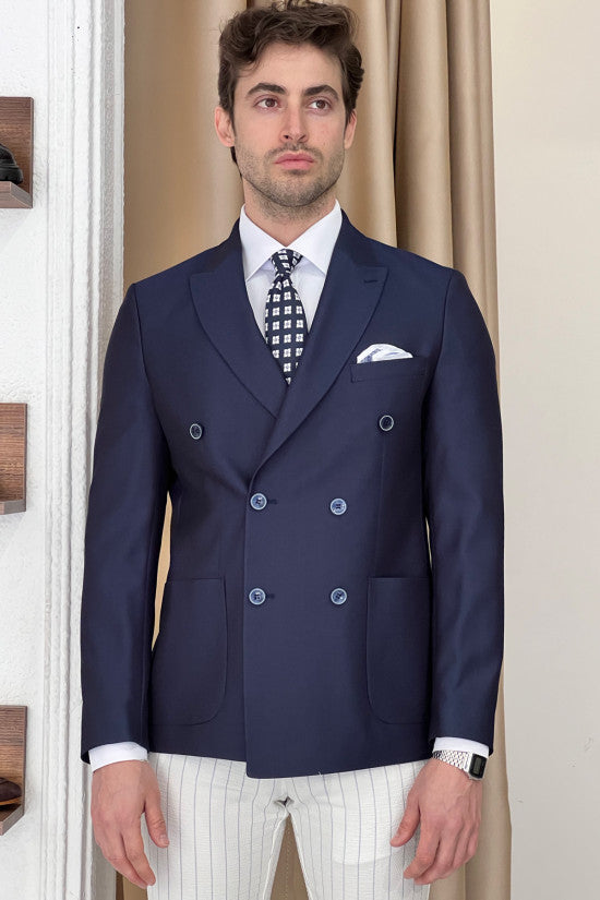 Slim Fit Pointed Collar Bag Pocket Double Breasted Navy Blue Jacket