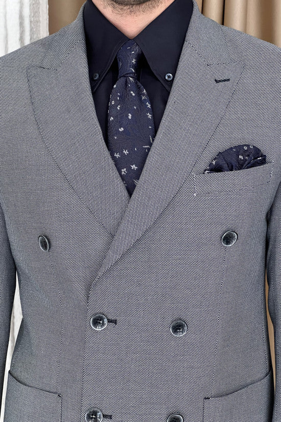 Slim Fit Pointed Collar Bag Pocket Double Breasted Gray Jacket