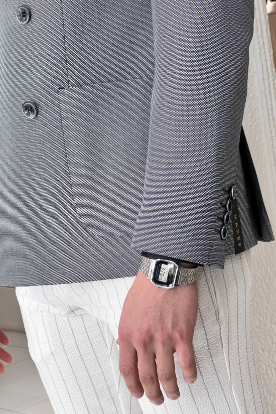 Slim Fit Pointed Collar Bag Pocket Double Breasted Gray Jacket