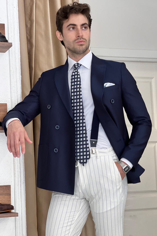 Slim Fit Pointed Collar Bag Pocket Double Breasted Navy Blue Jacket