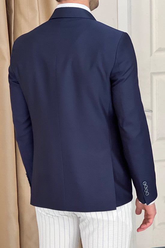 Slim Fit Pointed Collar Bag Pocket Double Breasted Navy Blue Jacket