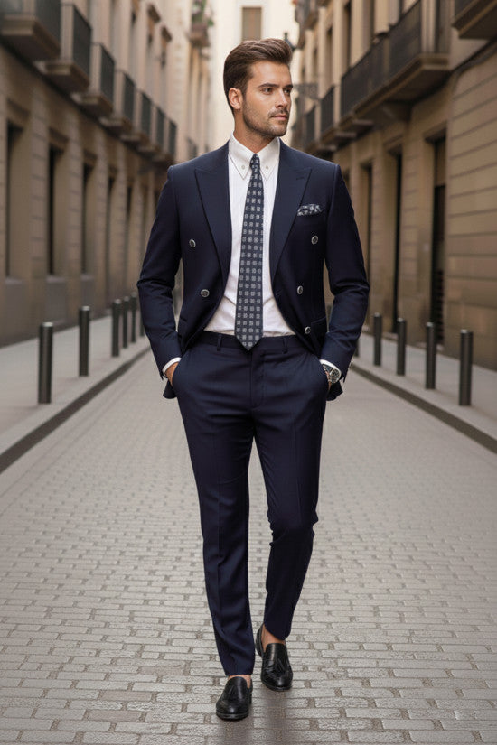 
                  
                    Slim Fit Pointed Collar Double Slit Wool Blend Double Breasted Navy Blue Suit
                  
                