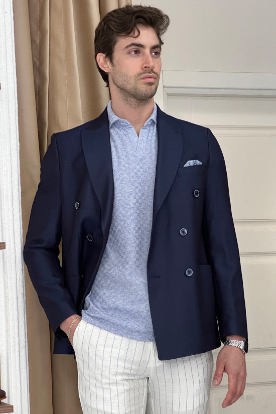 Slim Fit Pointed Collar Bag Pocket Double Breasted Navy Blue Jacket