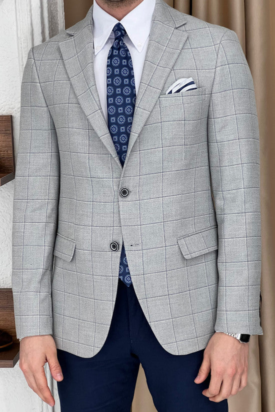 Slim Fit Mono Collar Plaid Gray Jacket