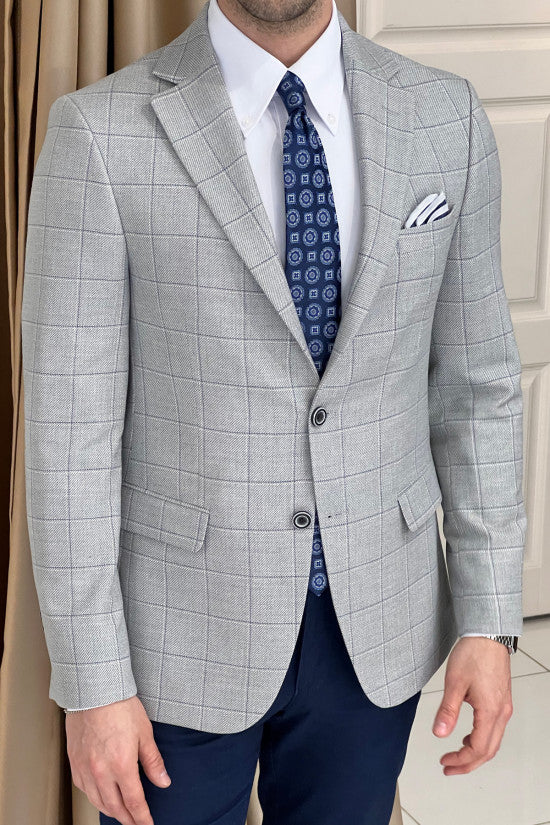 Slim Fit Mono Collar Plaid Gray Jacket
