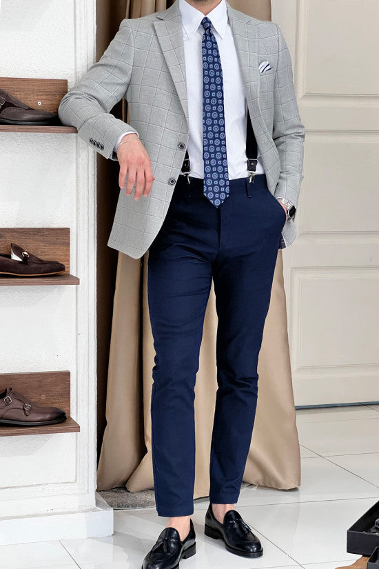 Slim Fit Mono Collar Plaid Gray Jacket